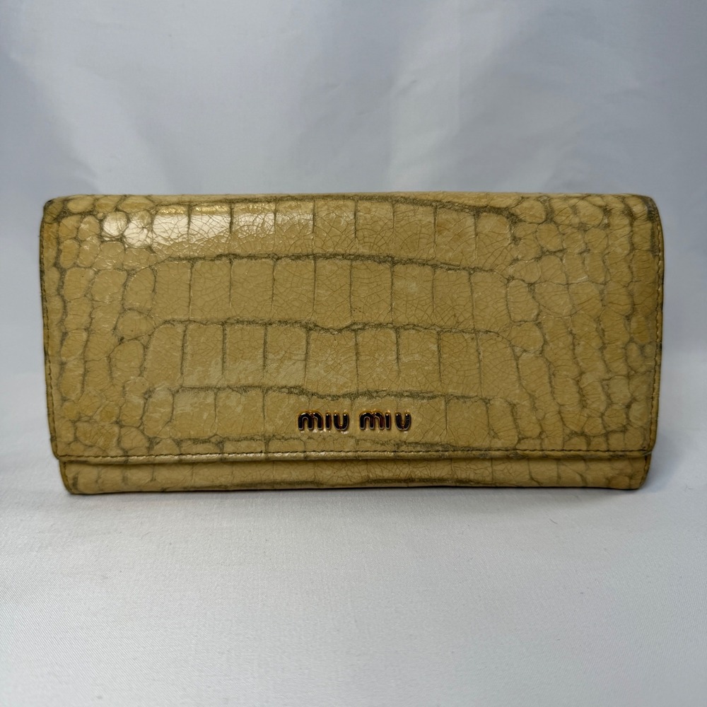 Miu Miu Long Wallet Womens OS Beige Croc Embossed Leather Continental Flap Italy